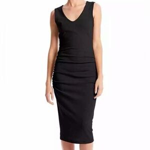 Brand New Michael Stars Lori Ribbed V-Neck Fitted Sleeveless Black Midi Dress M